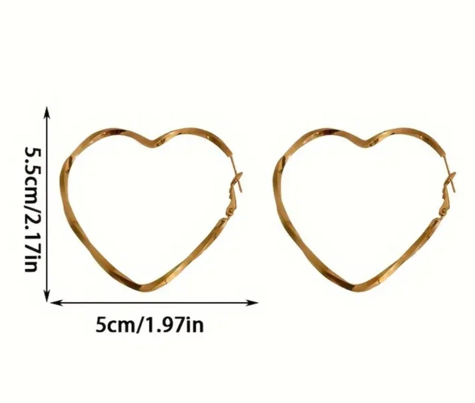 Large Hammered Metal Hollow Heart Shaped Gold Plated Hoop Earrings