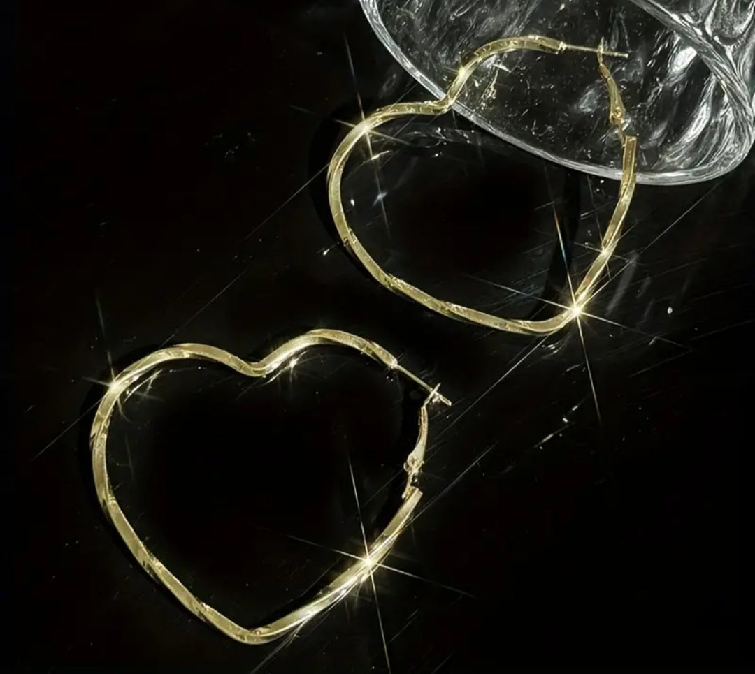 Large Hammered Metal Hollow Heart Shaped Gold Plated Hoop Earrings