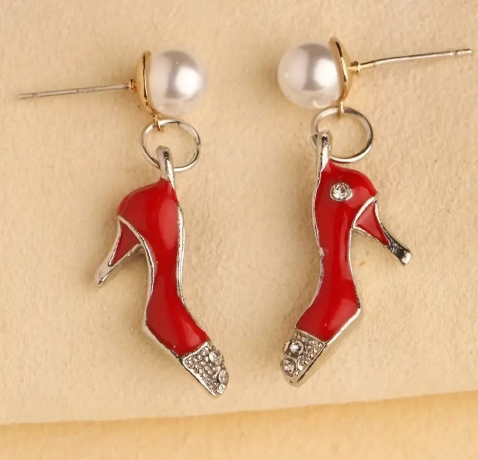 Enamel Painted Rhinestone Inlay Red High Heel Shoes With Pearl Accent Drop Dangle Earrings