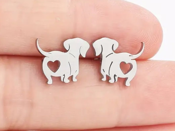 Adorable Dog Puppy Sausage Dog Heart Design Silver Plated Stainless Steel Small Teeny Stud Earrings