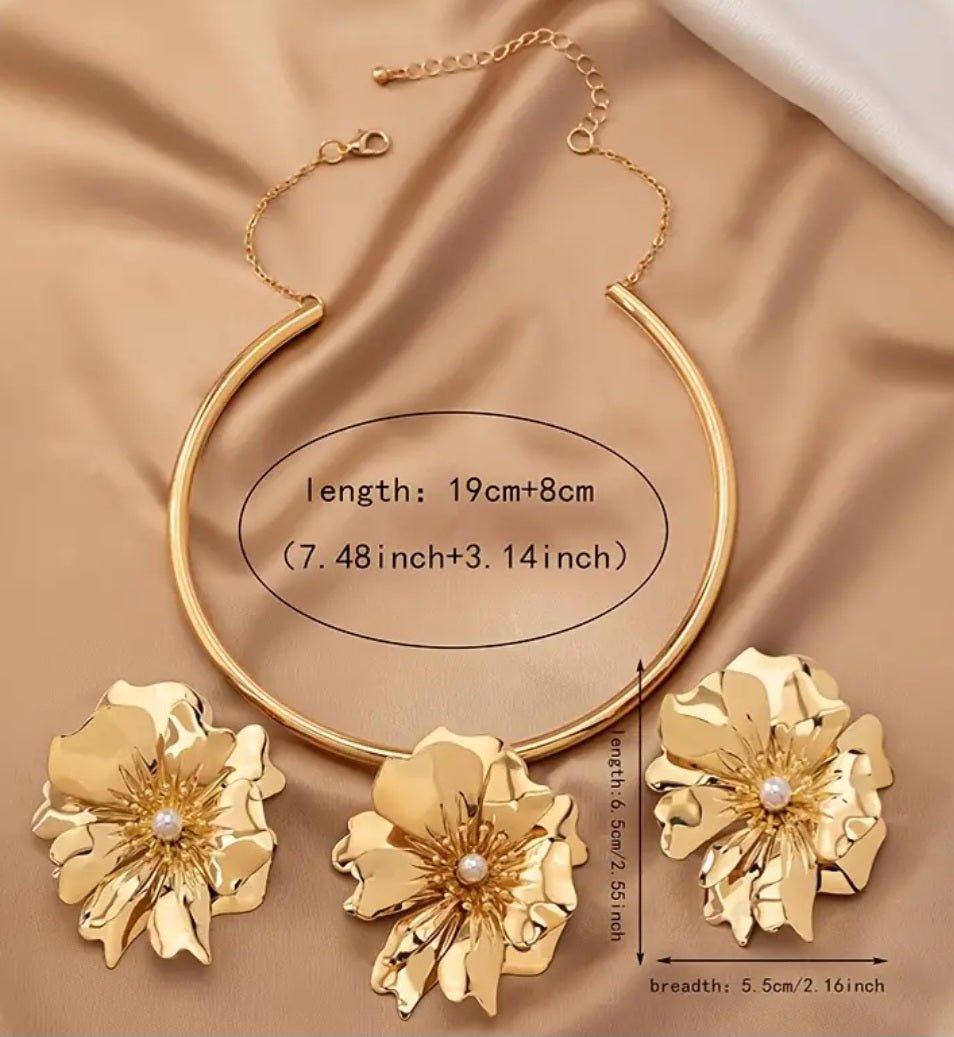 Gold Plated Faux Pearl Accent Giant Flower Floral Earrings Necklace Choker Collar With Extender