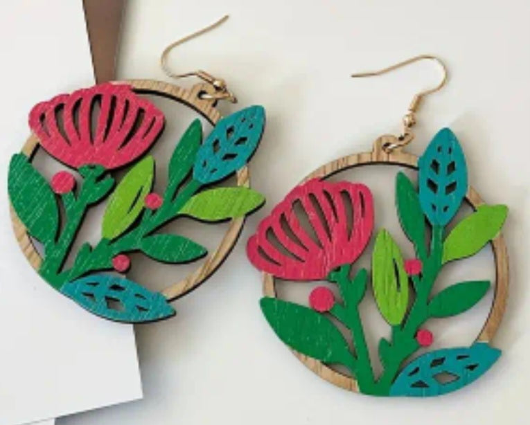 Beautiful Native Flower Design Wood Round Dangle Drop Earrings