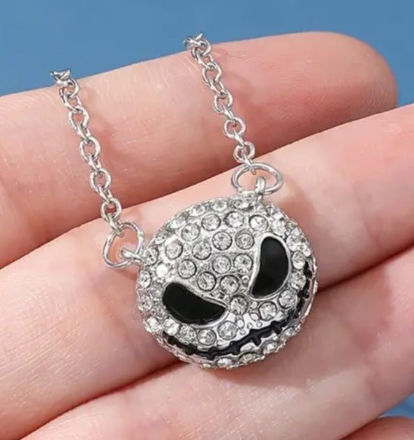 Halloween Nightmare Before Christmas Jack Skellington Inspired Skull Face Punk Silver Plated Rhinestone Necklace