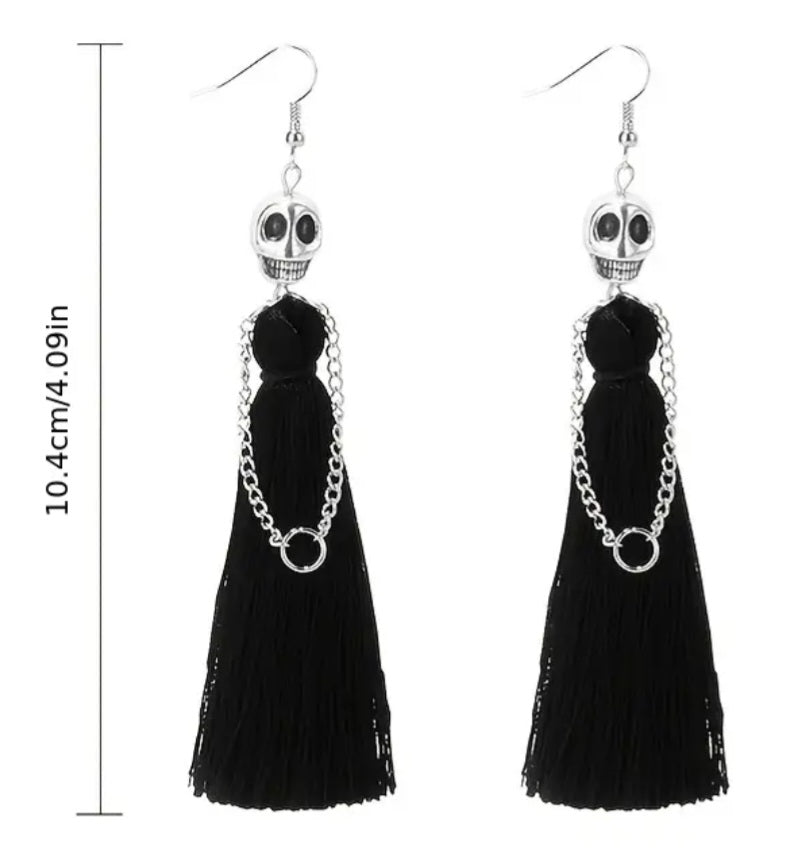 Gothic Halloween Punk Silver Plated Skeleton Bride Black Tassle Dress Design Drop Dangle Earrings