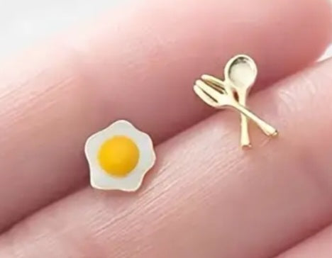 Breakfast Fried Egg Spoon Design Gold Plated Tiny Stud Earrings