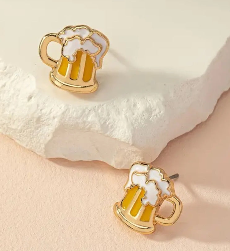 Beer Stein Cheers Design Gold Plated Small Stud Earrings