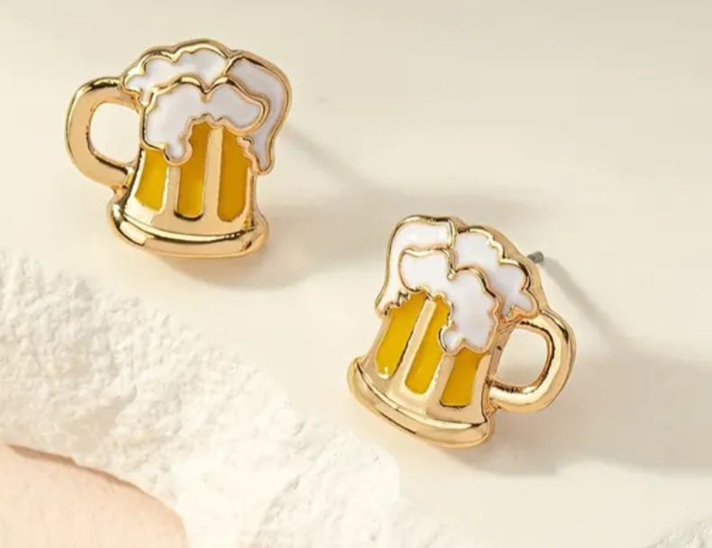 Beer Stein Cheers Design Gold Plated Small Stud Earrings