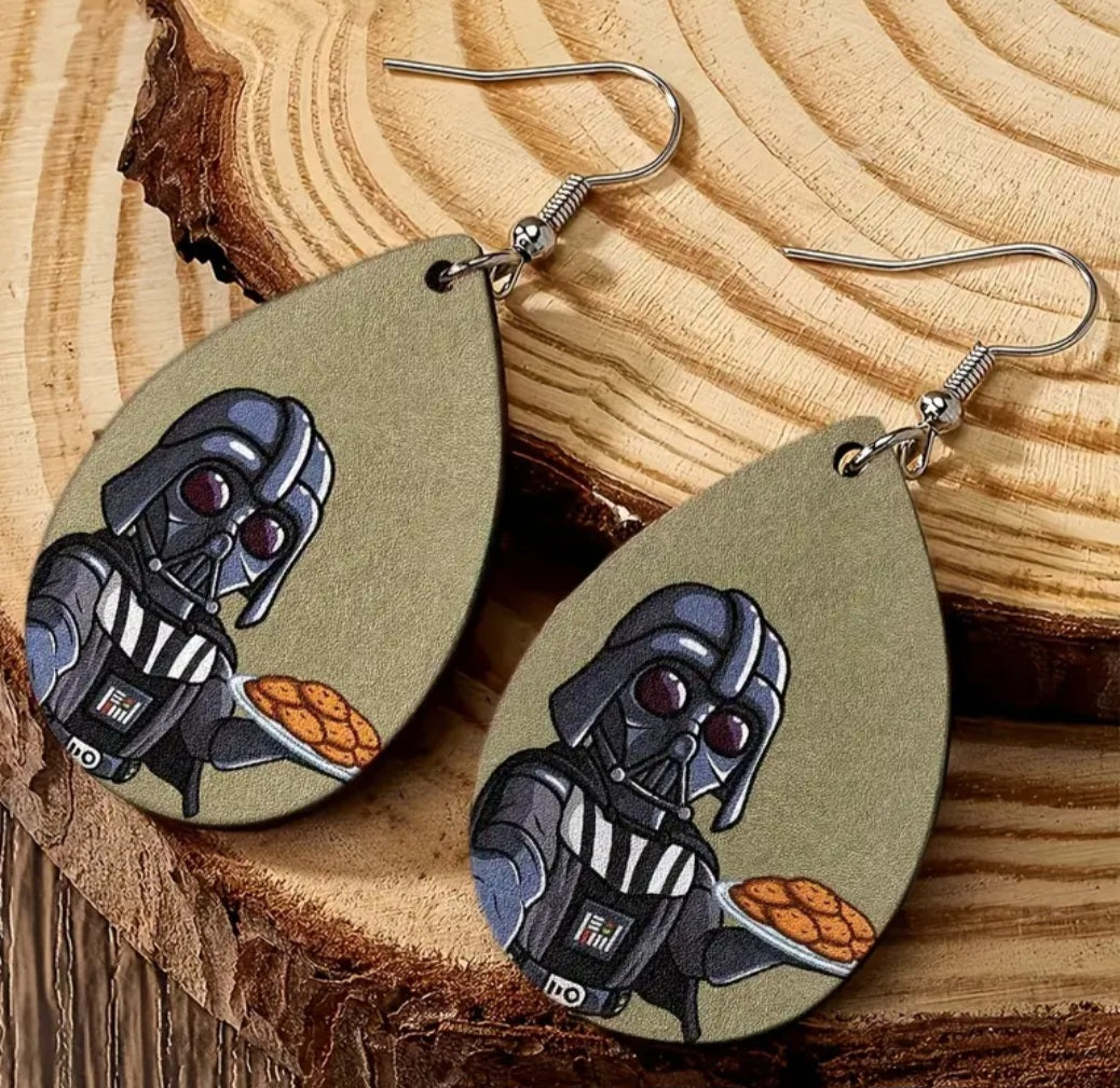 Darth Vader With Cookies Design Star Wars Inspired Wooden Lightweight Drop Dangle Earrings