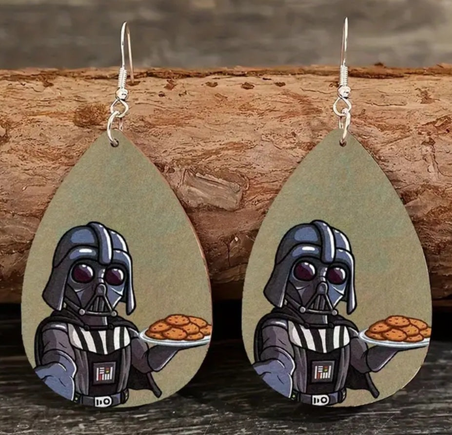 Darth Vader With Cookies Design Star Wars Inspired Wooden Lightweight Drop Dangle Earrings