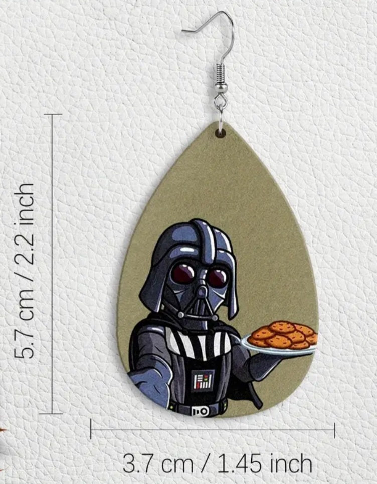 Darth Vader With Cookies Design Star Wars Inspired Wooden Lightweight Drop Dangle Earrings