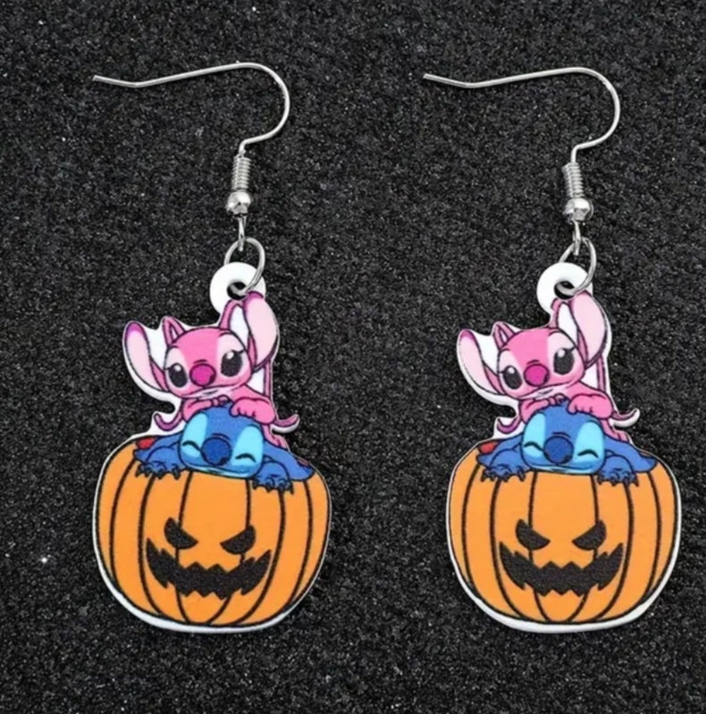Acrylic Stitch Angel Pumpkin Halloween Inspired Design Drop Dangle Earrings
