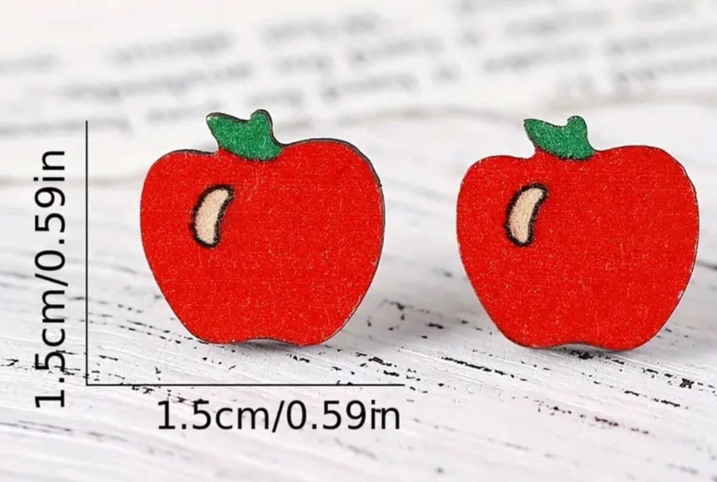 Wooden Red Apple Design Stud Earrings