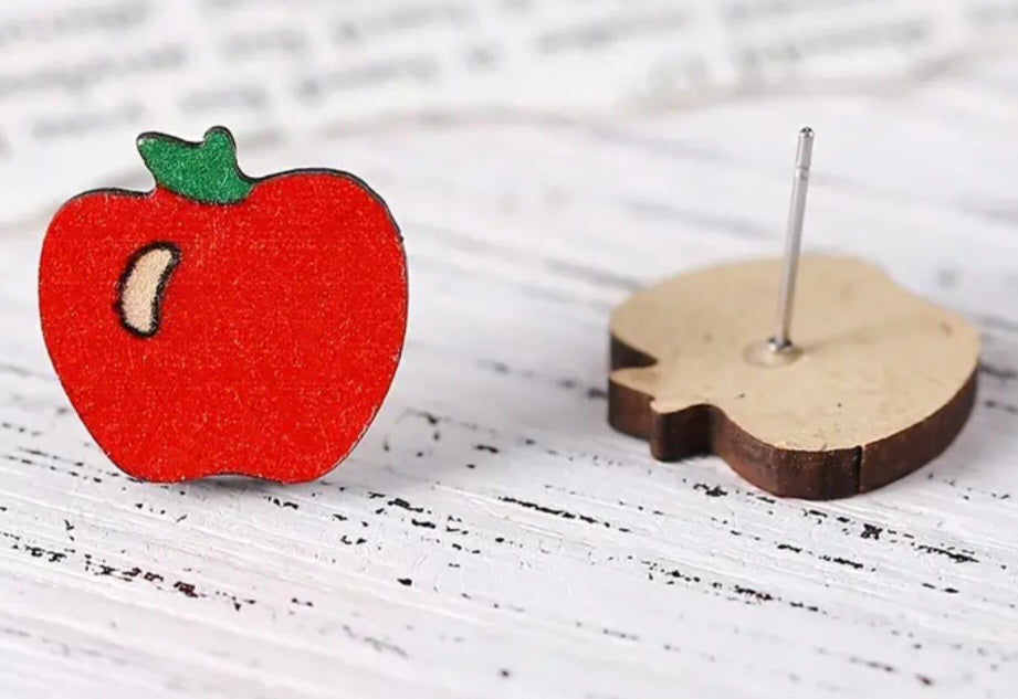 Wooden Red Apple Design Stud Earrings