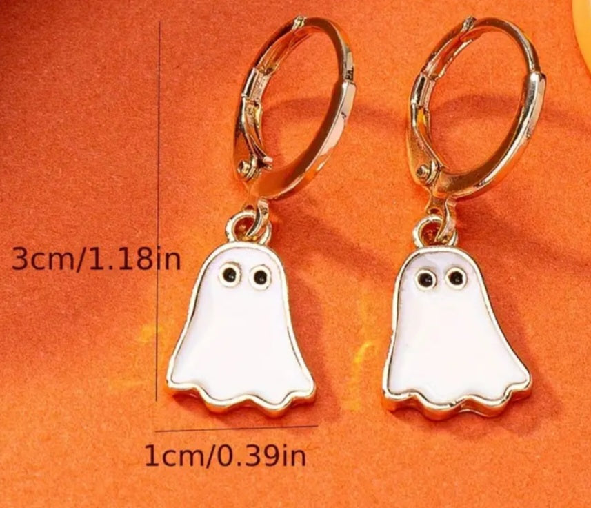 Enamel Painted Cartoon White Ghost Gold Plated Metal Hallowwen Dangle Earrings