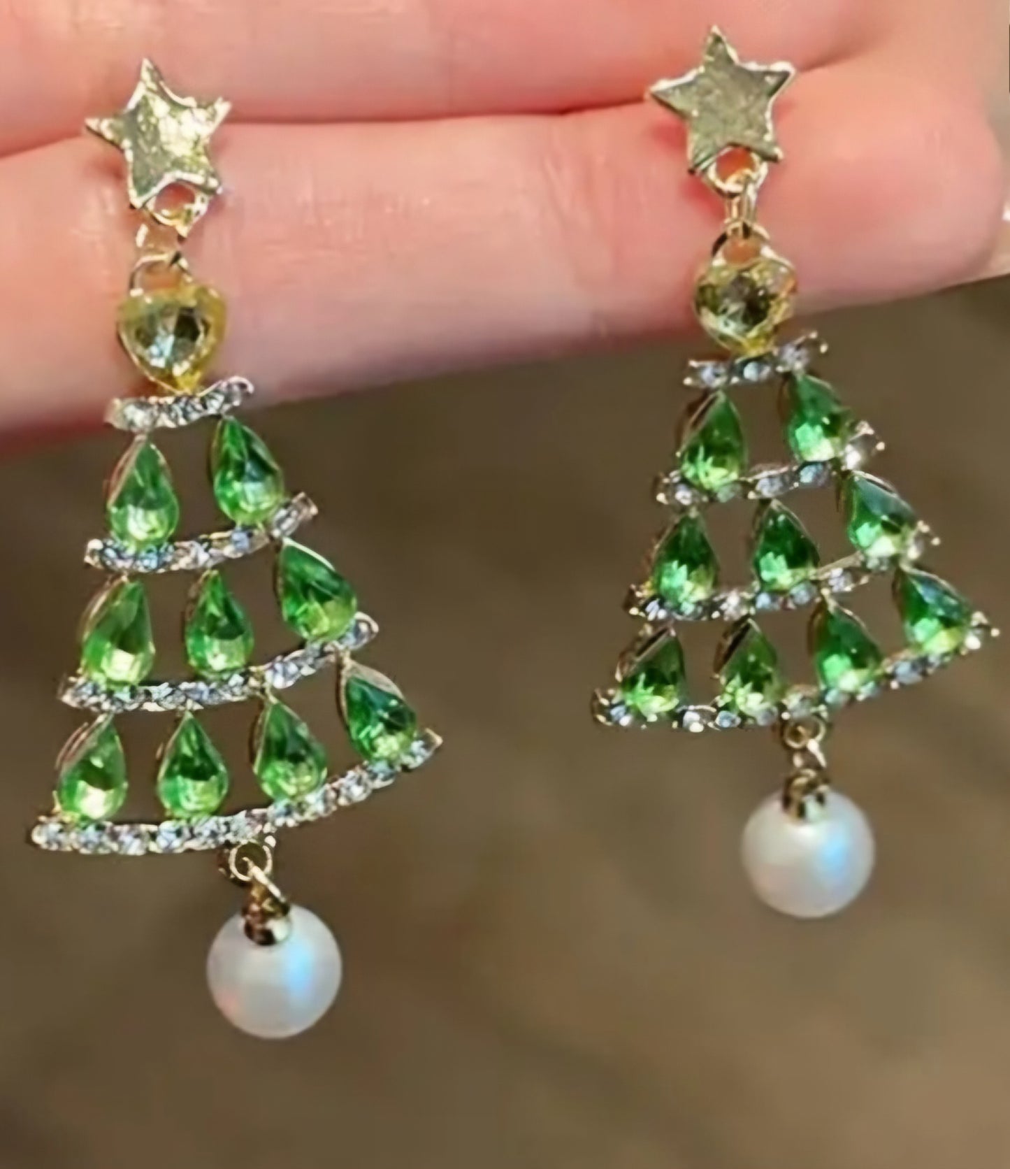 Christmas Festive Rhinestones Green Tree Gold Plated With Faux Pearl Drop Dangle Earrings