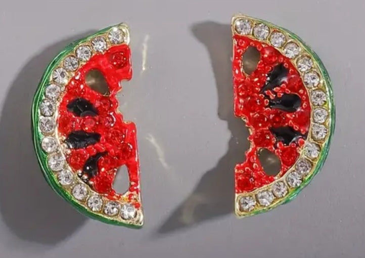 Fruit Watermelon Slice Rhinestone Inlay Tiny Stud Earrings