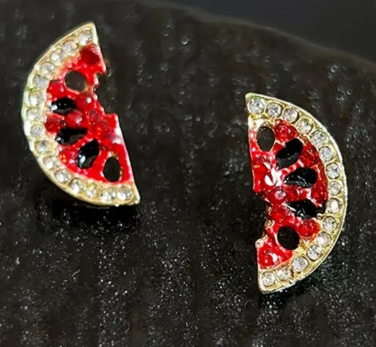 Fruit Watermelon Slice Rhinestone Inlay Tiny Stud Earrings