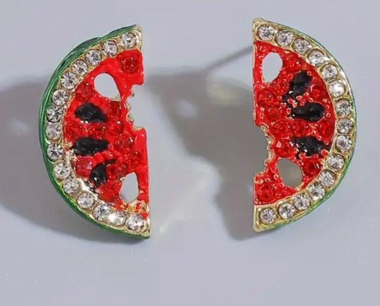 Fruit Watermelon Slice Rhinestone Inlay Tiny Stud Earrings