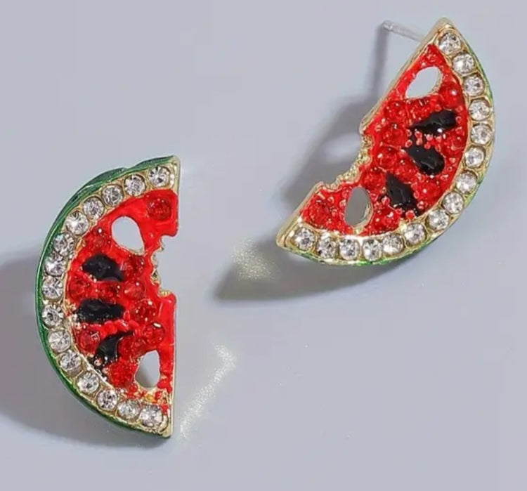 Fruit Watermelon Slice Rhinestone Inlay Tiny Stud Earrings