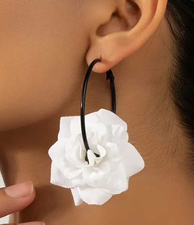 Fabric White Large Flower Rose On Black Enamel Metal Hoop Earrings