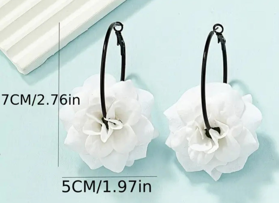 Fabric White Large Flower Rose On Black Enamel Metal Hoop Earrings