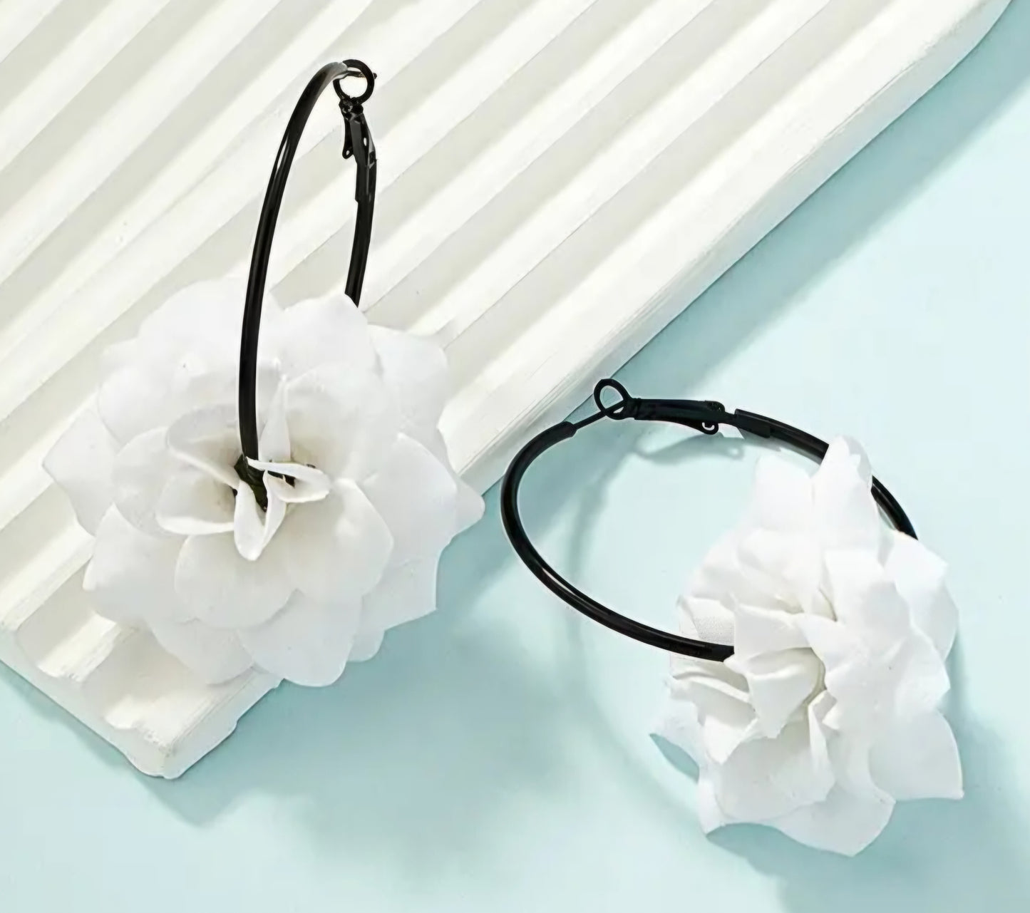 Fabric White Large Flower Rose On Black Enamel Metal Hoop Earrings