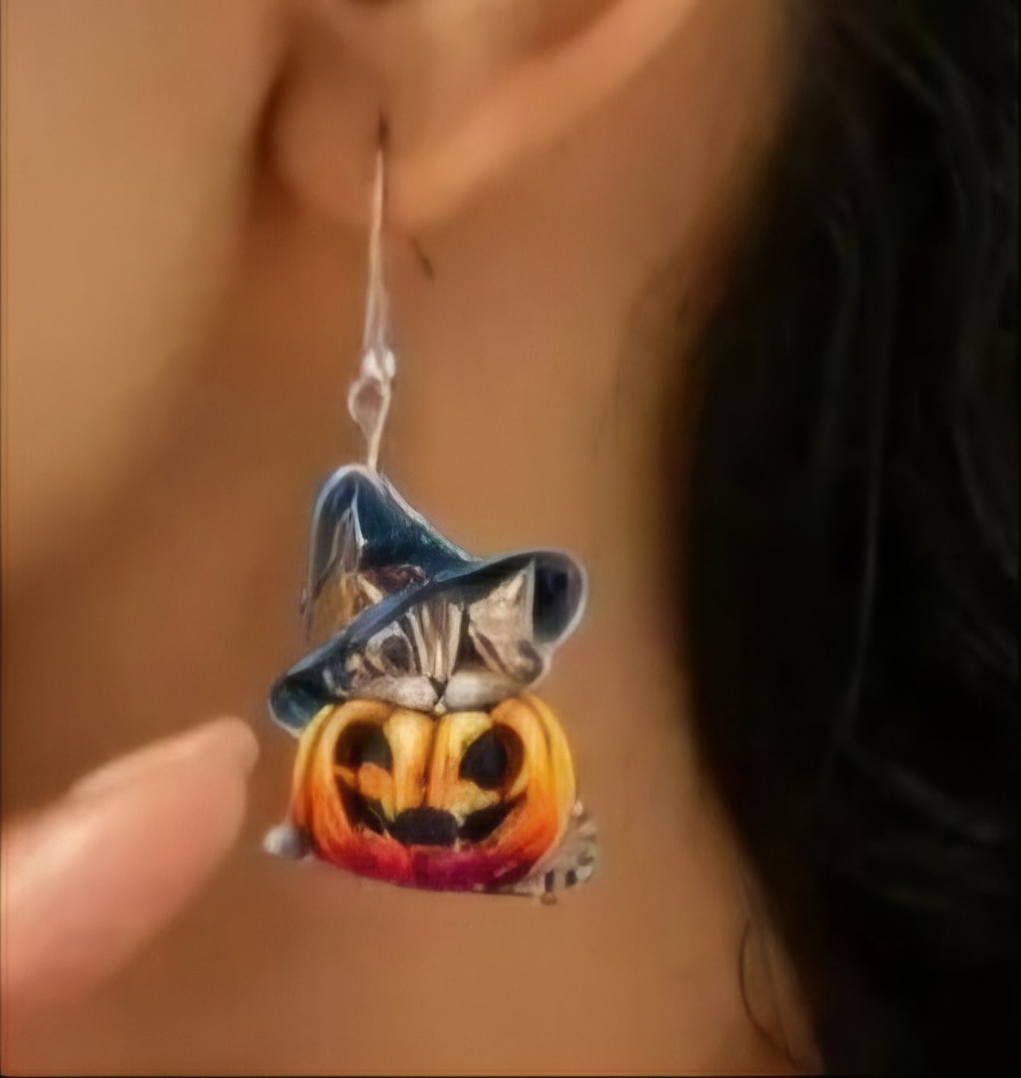 Acrylic Cartoon Cat Kitty In Witches Hat Pumpkin Jack O Lantern Design Halloween Drop Dangle Earrings