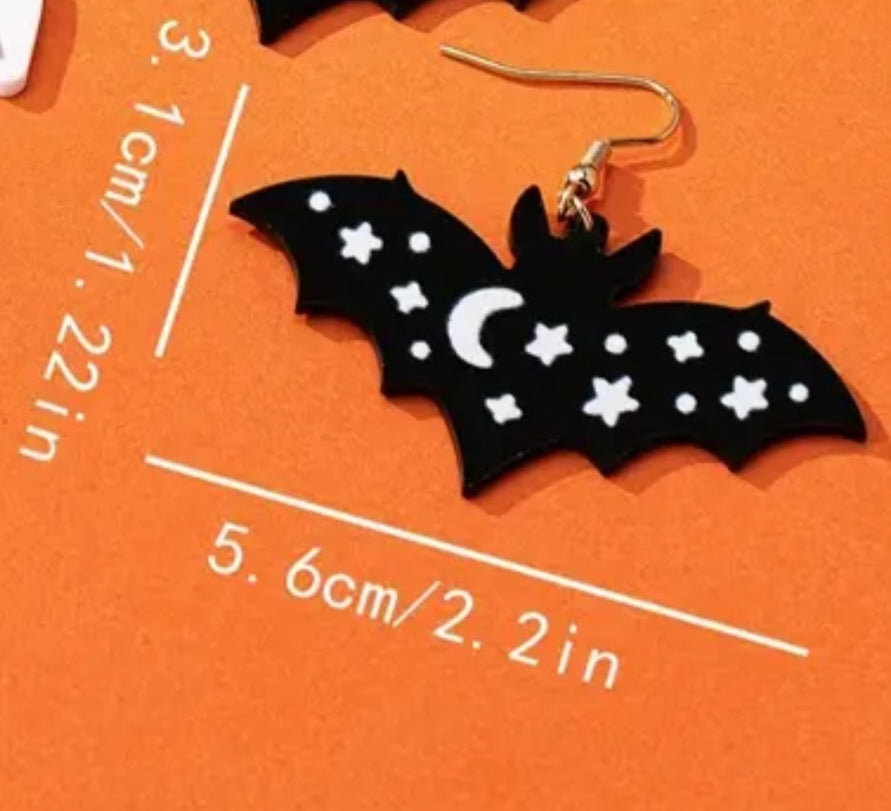 Acrylic Bat Moon Stars Design Halloween Gothic Drop Dangle Earrings