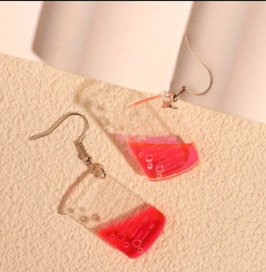Acrylic Chemistry Beaker Flask Scientist Large Fluro Pink Design Drop Dangle Earrings