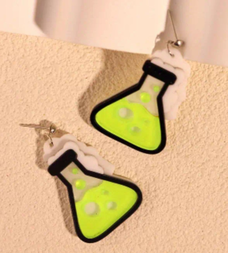 Acrylic Chemistry Beaker Scientist Large Fluro Yellow Design Drop Dangle Earrings