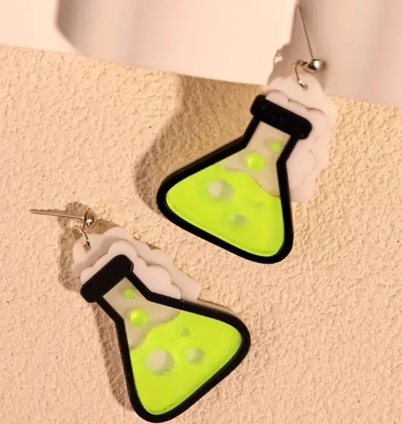 Acrylic Chemistry Beaker Scientist Large Fluro Yellow Design Drop Dangle Earrings