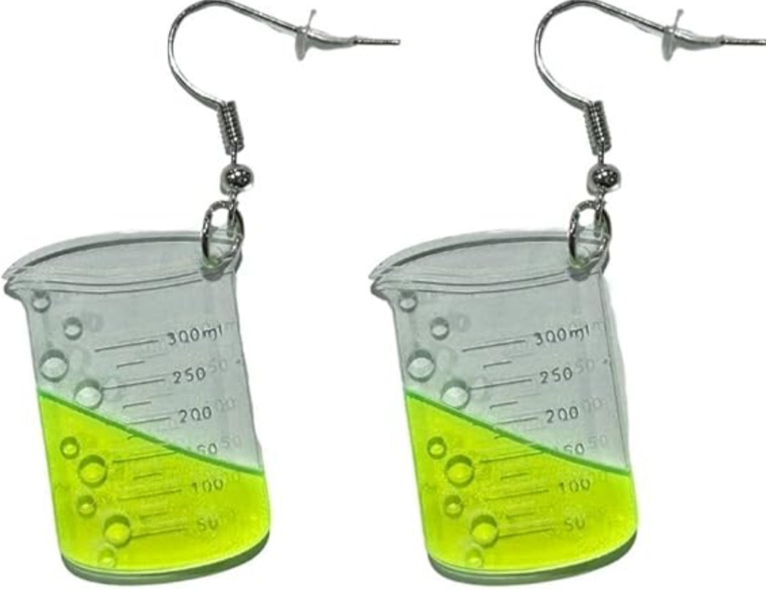 Acrylic Chemistry Beaker Flask Scientist Large Fluro Yellow Design Drop Dangle Earrings