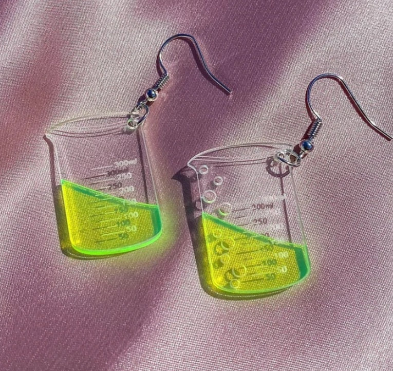 Acrylic Chemistry Beaker Flask Scientist Large Fluro Yellow Design Drop Dangle Earrings
