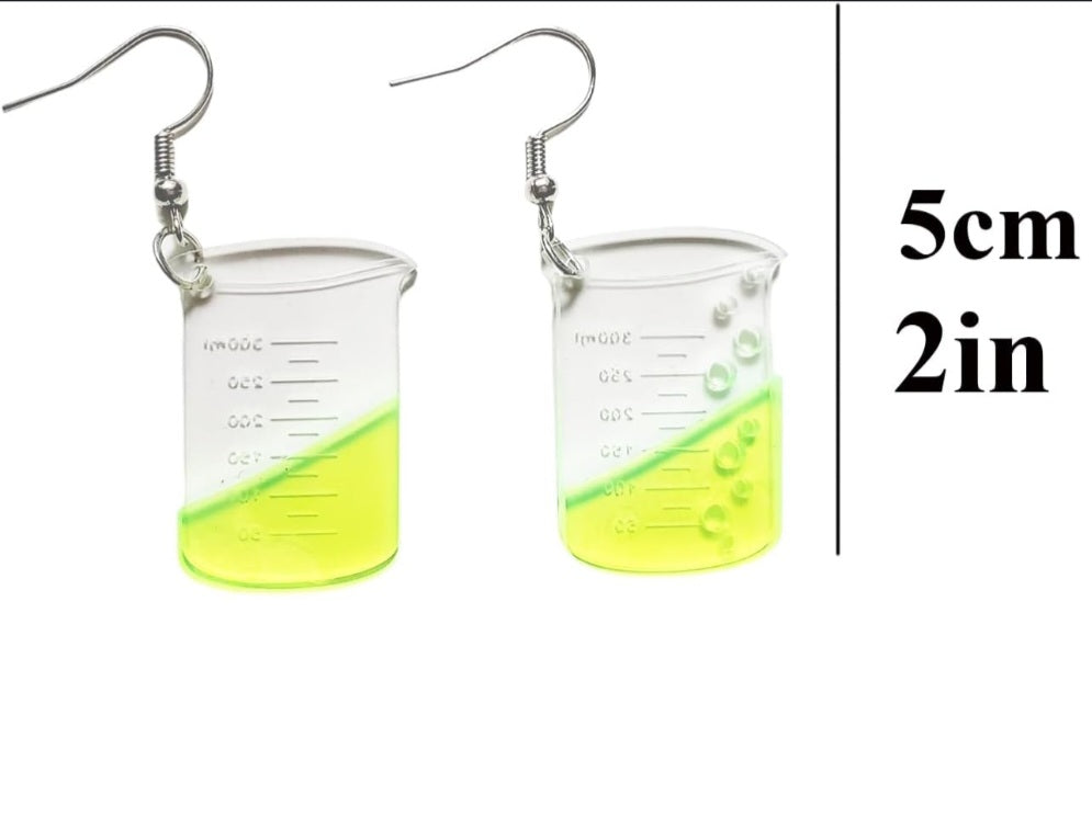Acrylic Chemistry Beaker Flask Scientist Large Fluro Yellow Design Drop Dangle Earrings