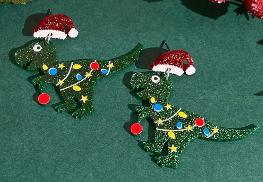 Acrylic Christmas Festive Santa Dinosaur Green Glitter Design Drop Dangle Earrings