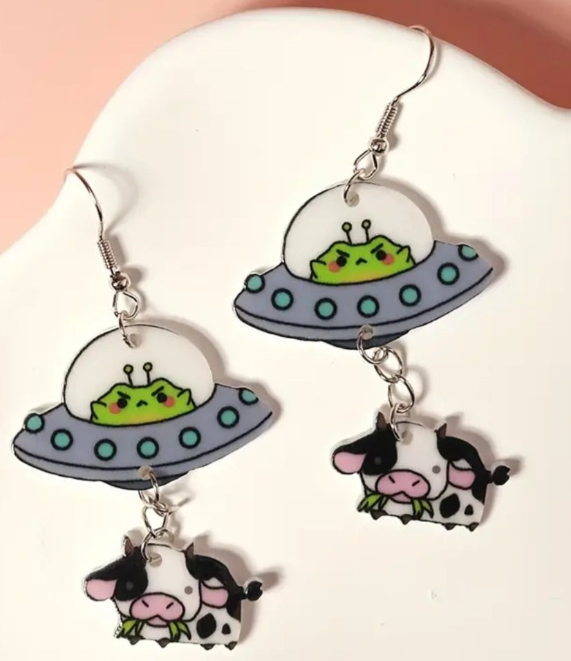 Acrylic Cartoon UFO Chain Cow Spaceship Design Drop Dangle Earrings