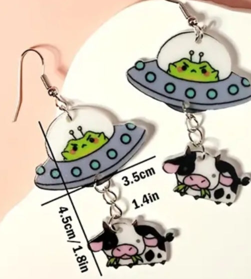 Acrylic Cartoon UFO Chain Cow Spaceship Design Drop Dangle Earrings