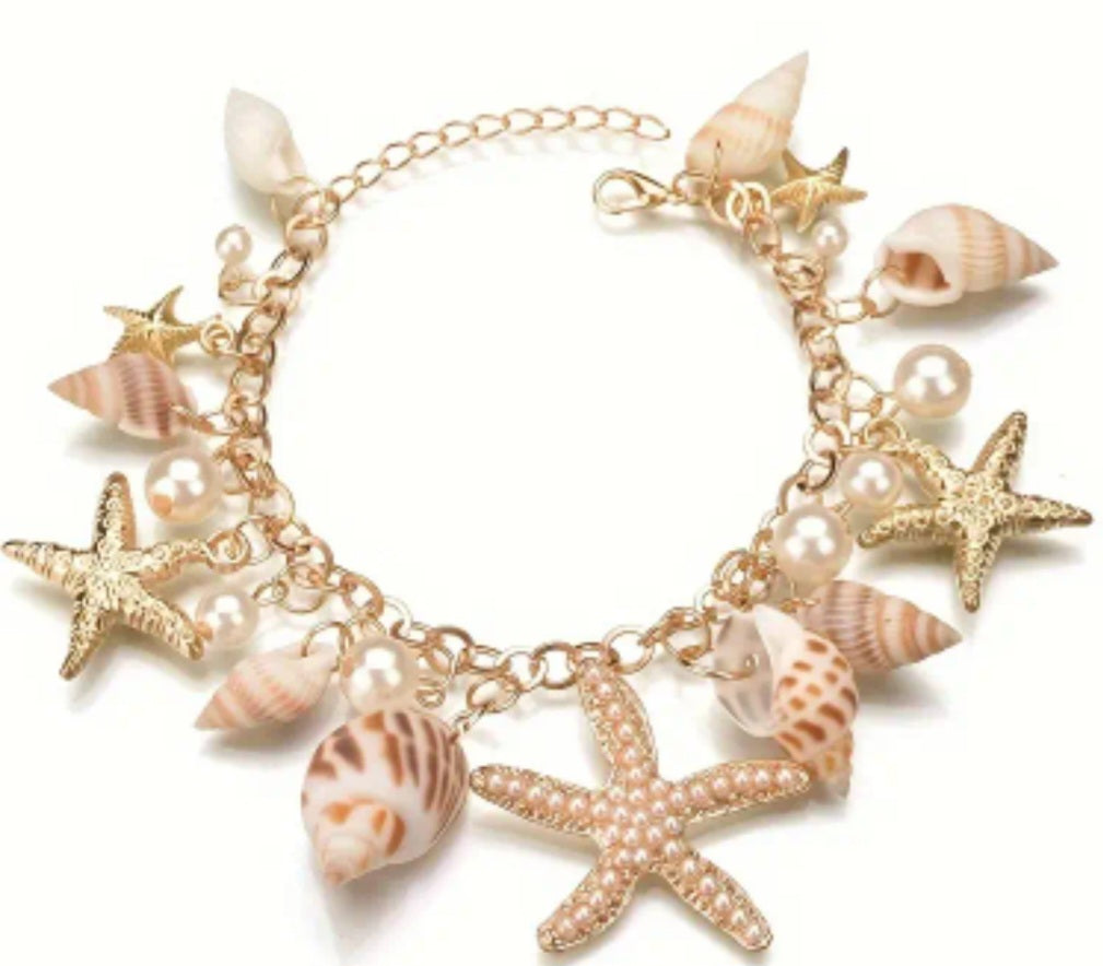 Beach Theme Gold Plated Faux Pearl Starfish Shells Large Charm Bracelet Anklet