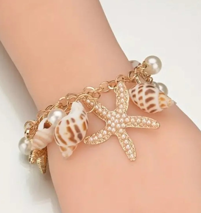 Beach Theme Gold Plated Faux Pearl Starfish Shells Large Charm Bracelet Anklet