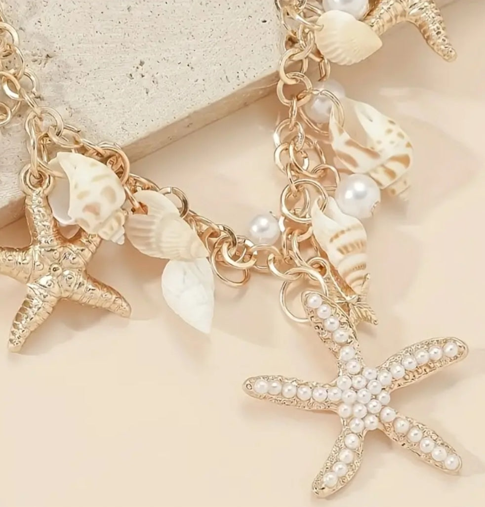 Beach Theme Gold Plated Faux Pearl Starfish Shells Large Charm Bracelet Anklet