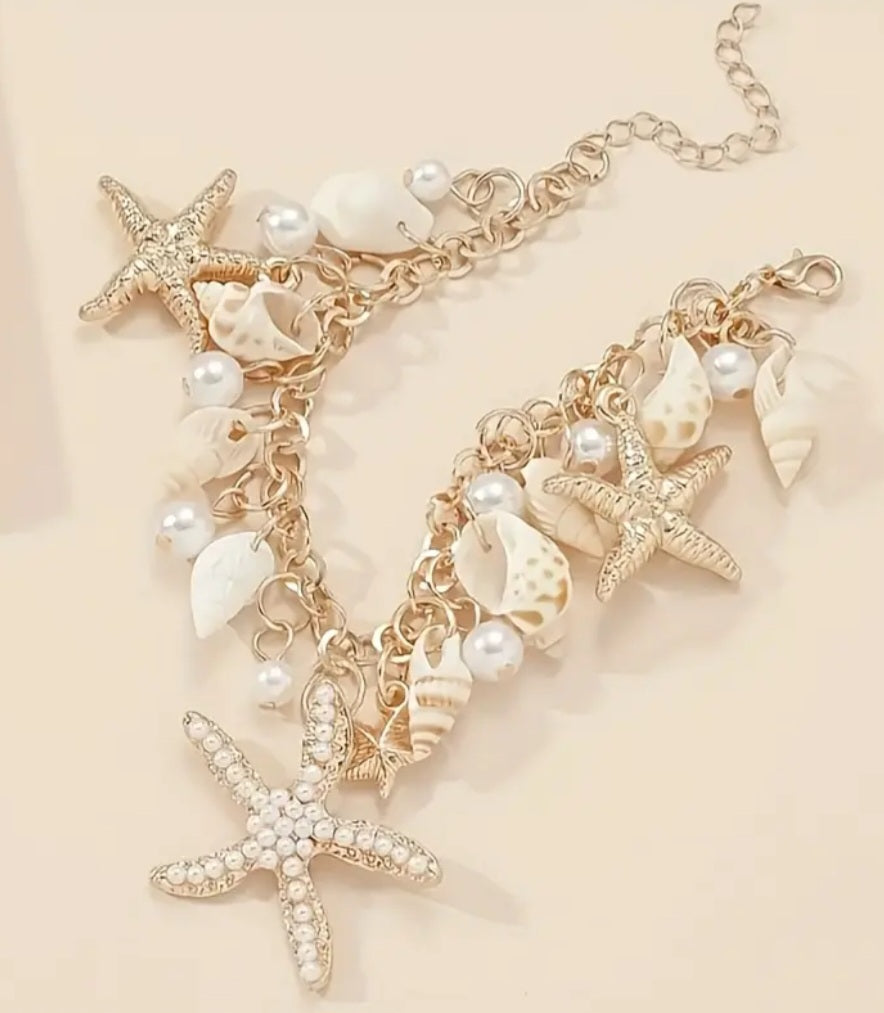 Beach Theme Gold Plated Faux Pearl Starfish Shells Large Charm Bracelet Anklet