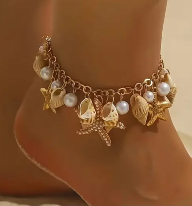Beach Theme Gold Plated Faux Pearl Starfish Shells Large Charm Bracelet Anklet