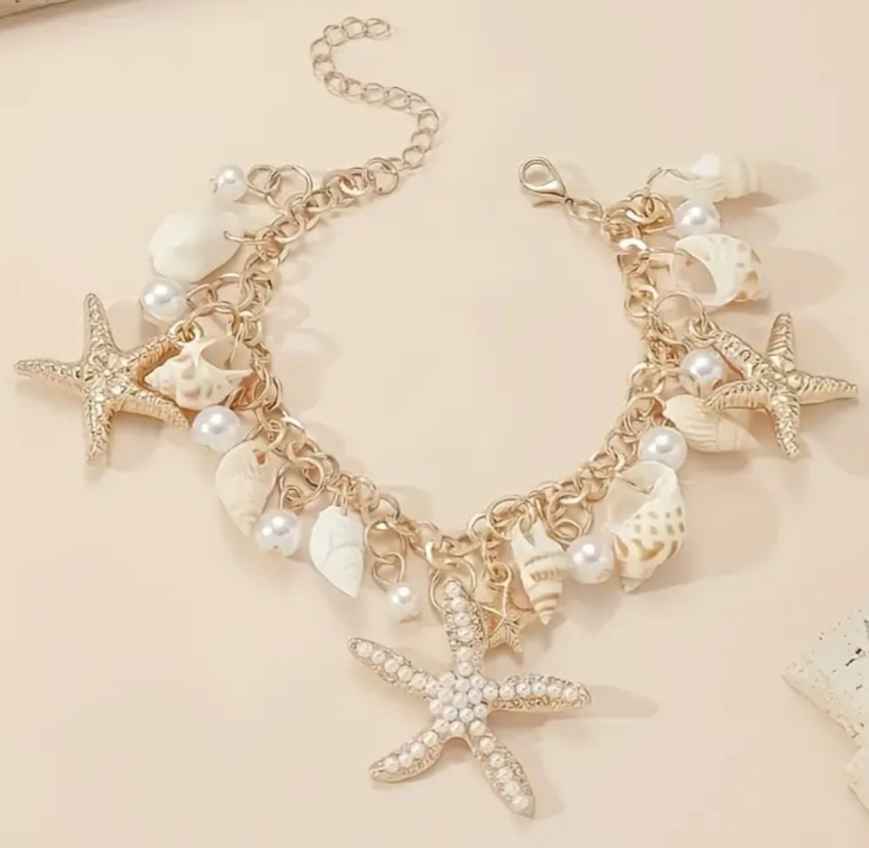 Beach Theme Gold Plated Faux Pearl Starfish Shells Large Charm Bracelet Anklet