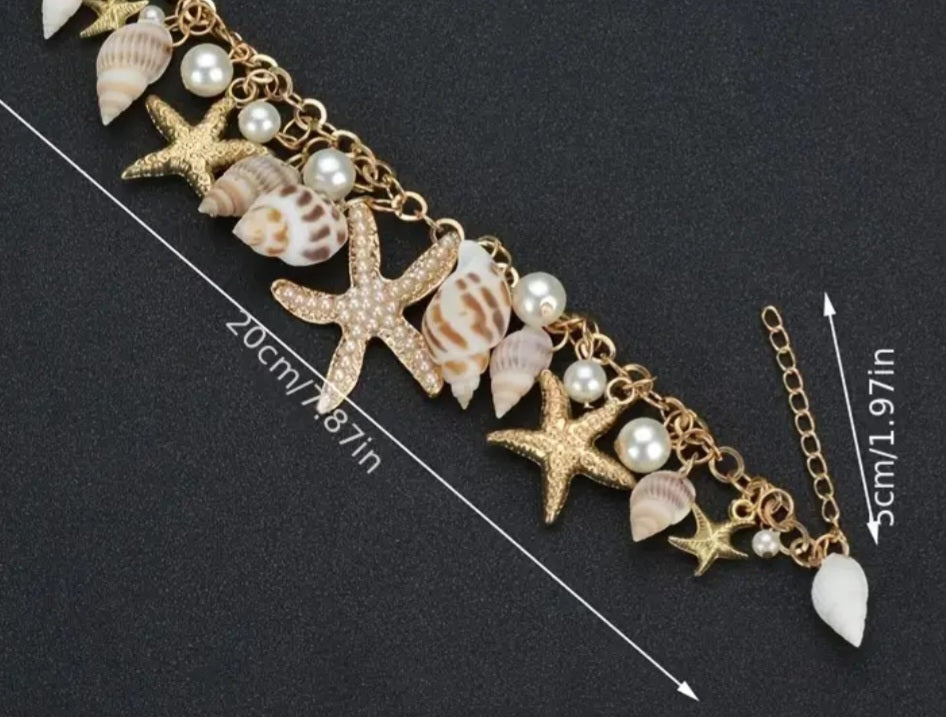 Beach Theme Gold Plated Faux Pearl Starfish Shells Large Charm Bracelet Anklet
