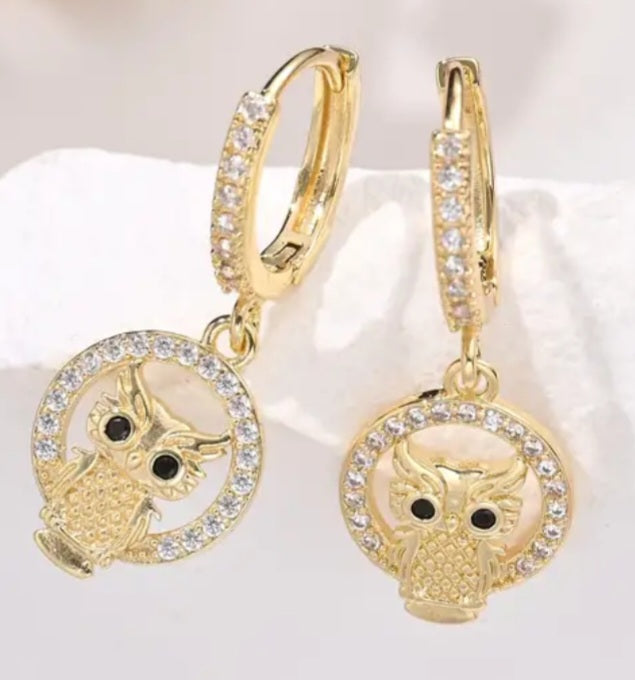 Gold Plated Cubic Zircon Inlay Owl Design Teeny Huggie Style Hoop Dangle Drop Earrings
