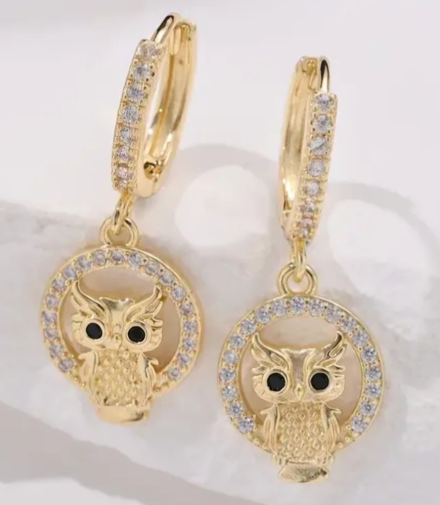 Gold Plated Cubic Zircon Inlay Owl Design Teeny Huggie Style Hoop Dangle Drop Earrings
