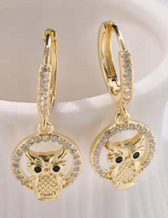 Gold Plated Cubic Zircon Inlay Owl Design Teeny Huggie Style Hoop Dangle Drop Earrings