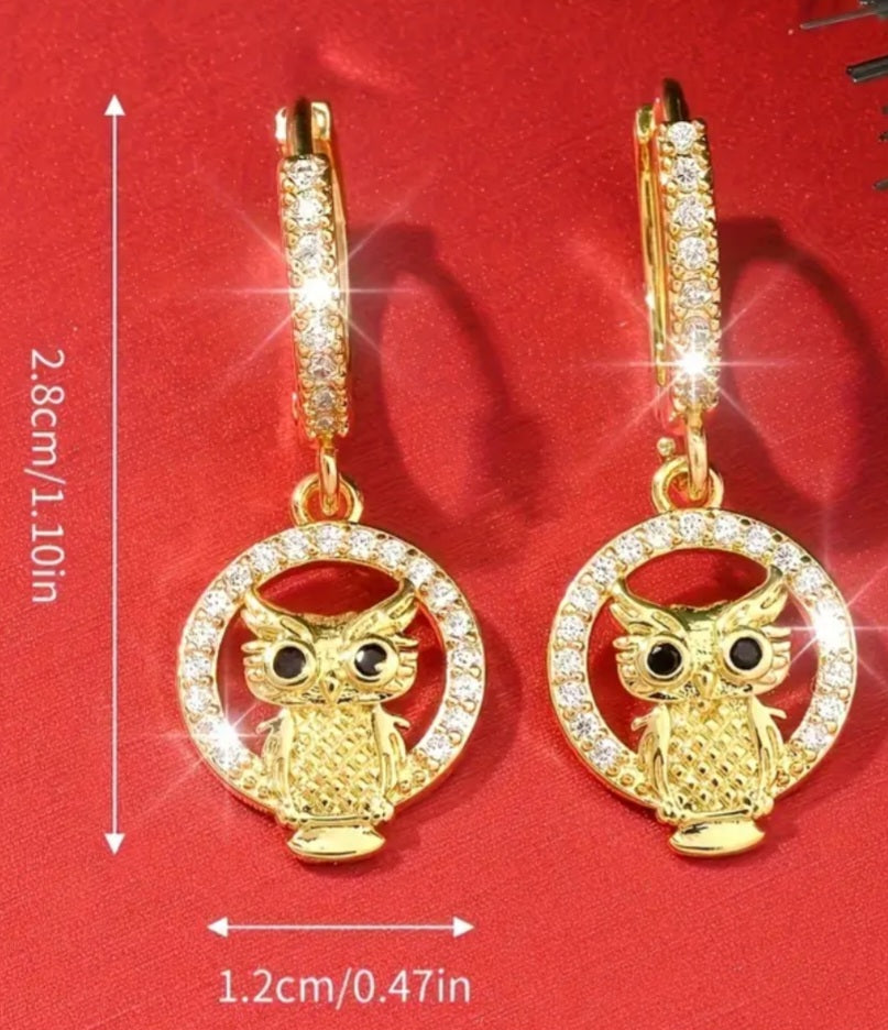 Gold Plated Cubic Zircon Inlay Owl Design Teeny Huggie Style Hoop Dangle Drop Earrings
