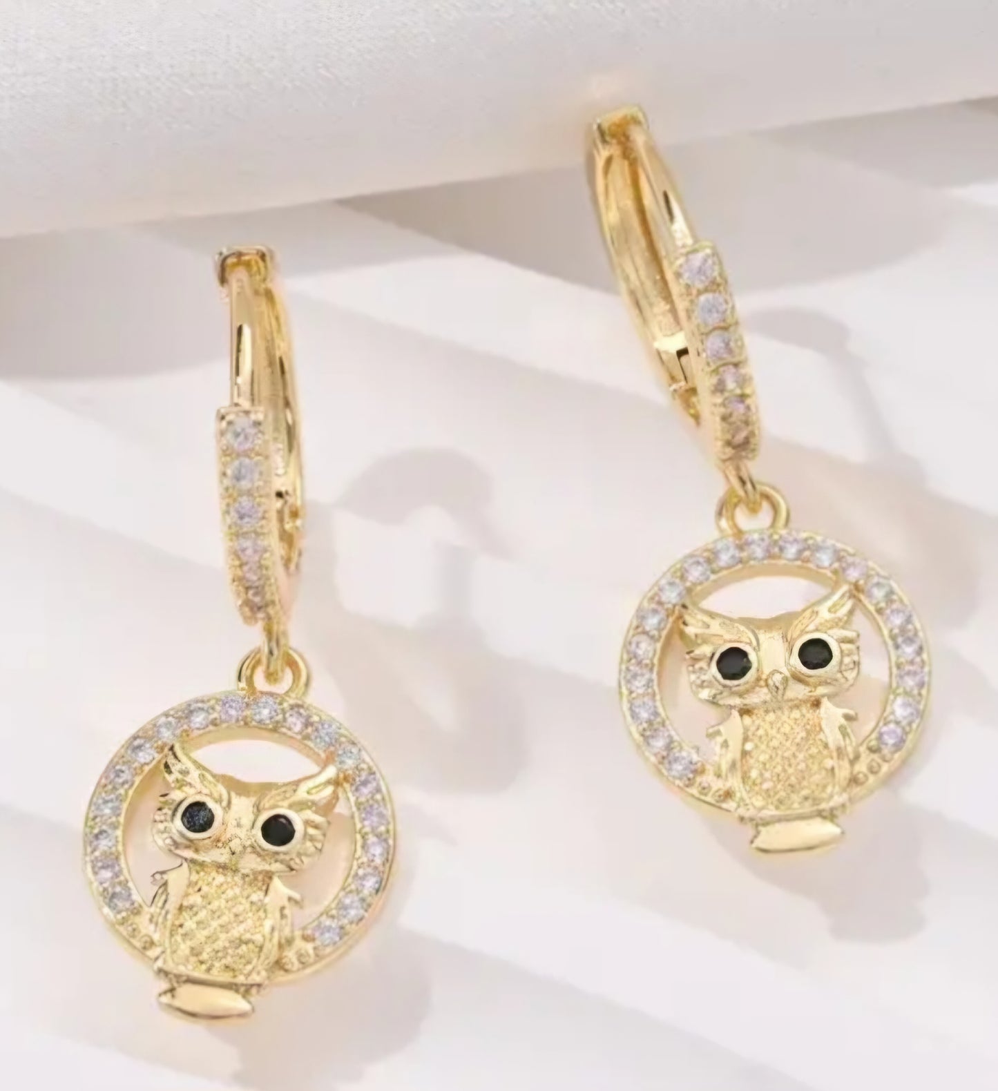 Gold Plated Cubic Zircon Inlay Owl Design Teeny Huggie Style Hoop Dangle Drop Earrings