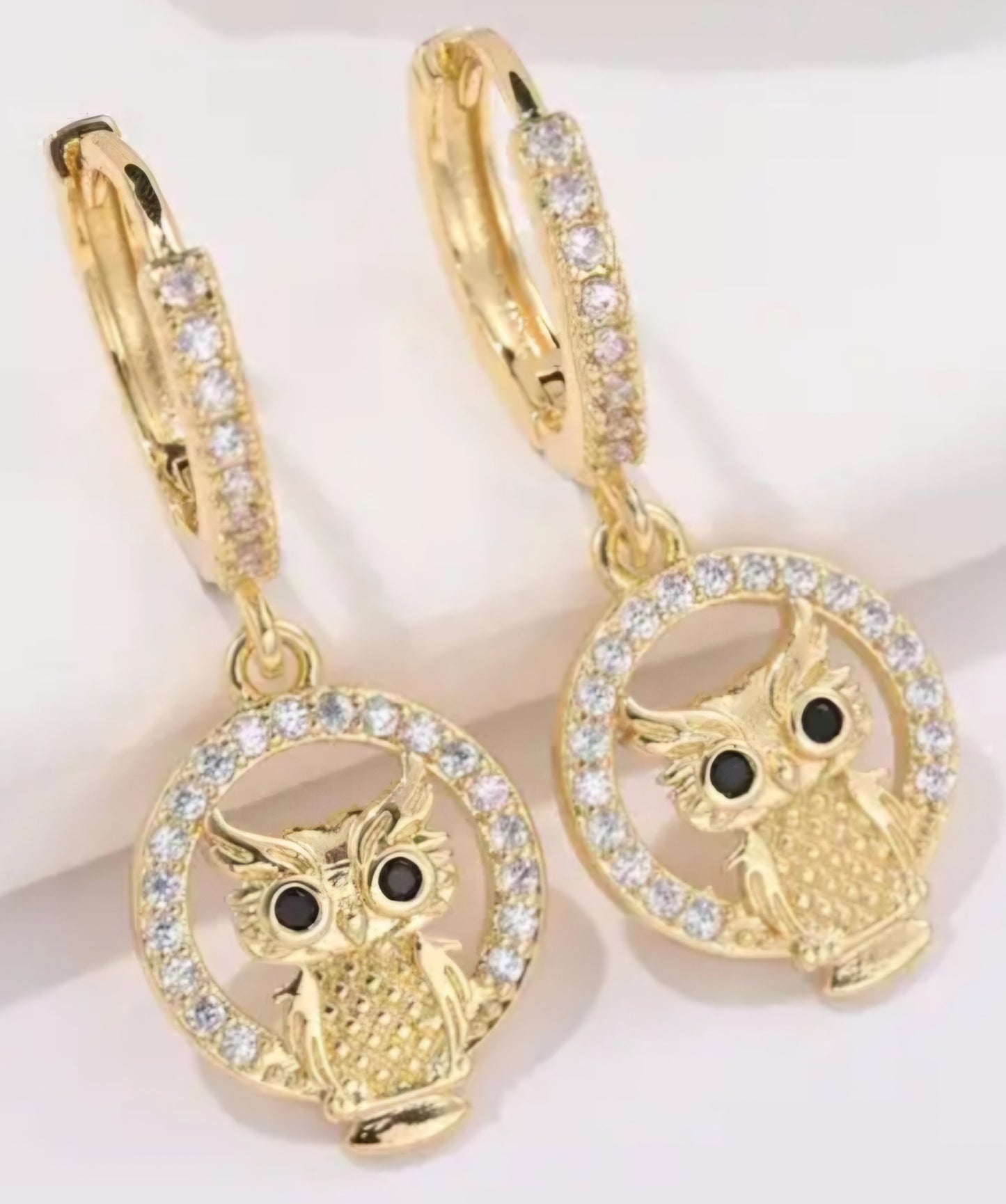 Gold Plated Cubic Zircon Inlay Owl Design Teeny Huggie Style Hoop Dangle Drop Earrings